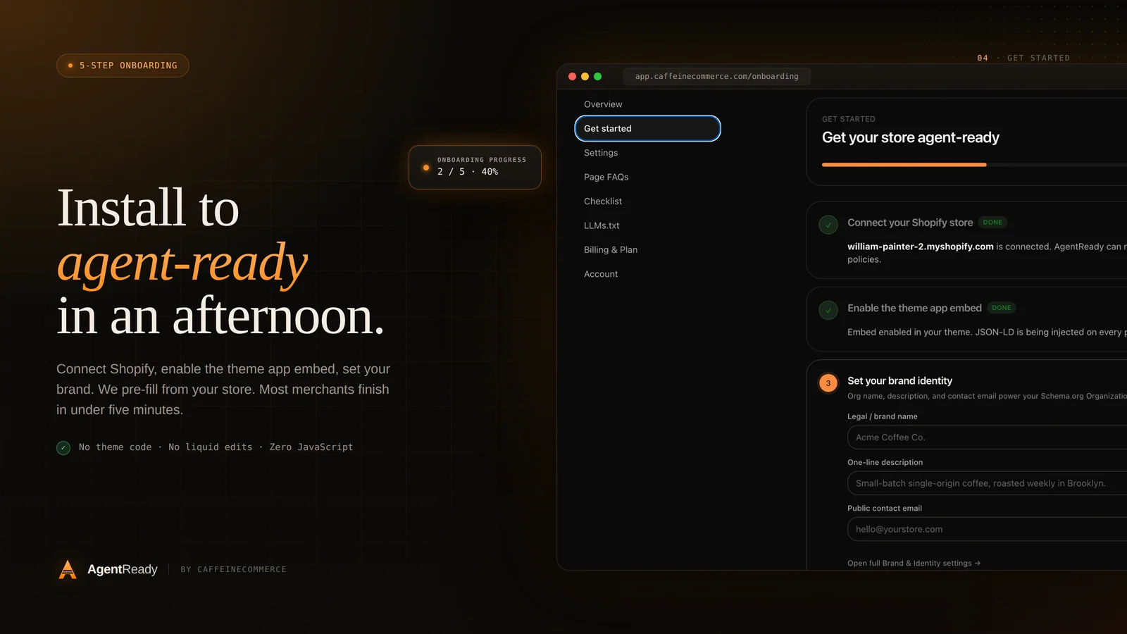 AgentReady 5-step onboarding flow showing 'Get your store agent-ready' progress bar with brand identity fields